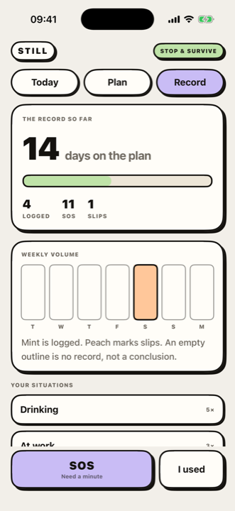 The Record screen, showing logged moments, weekly volume and situations.