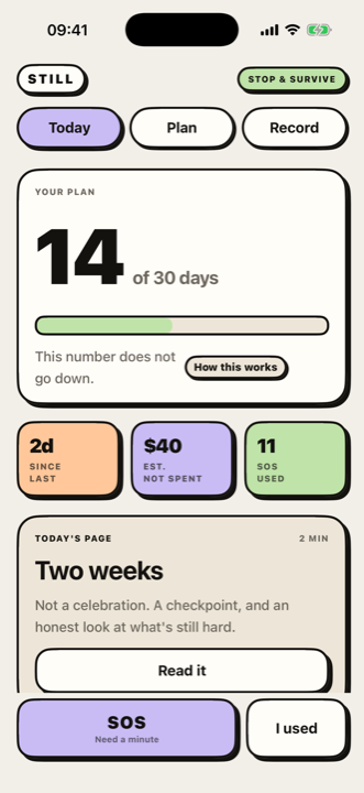 The Today screen, showing day 14 of 30 and the day rail.